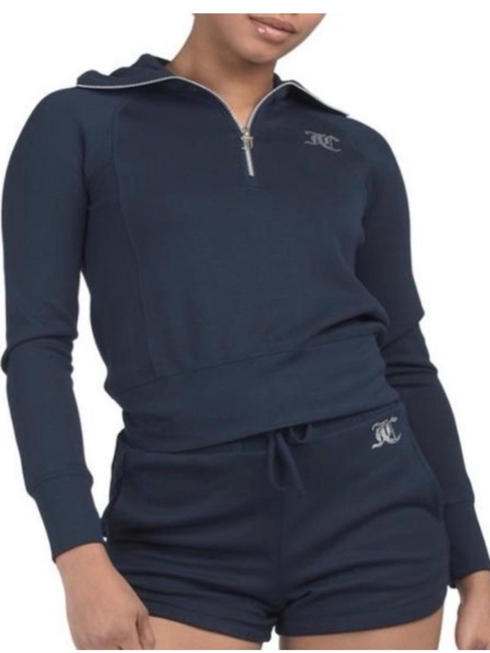 Juicy Couture Navy Rhinestone Logo Half-Zip Shorts Set
